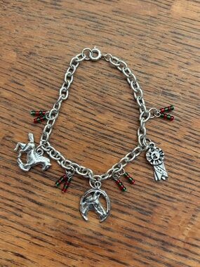 Silver Horse Charm Bracelet with Red & Green Beads